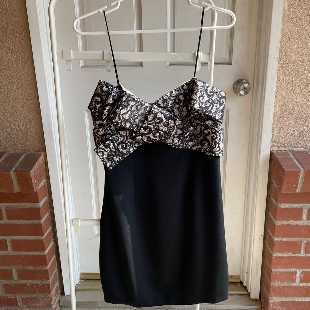 Marchesa Notte Black and White Lace Cocktail Dress